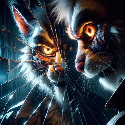 The primary subject of the image is a cat with a ferocious expression, staring directly into the camera. The cat is positioned in the center of the image, and its eyes are glowing, adding to its menacing appearance. The setting is a room with a mirror, which reflects the cat's image, creating a sense of depth and dimension. The visual style of the image is a combination of photo and digital art, giving it a unique and intriguing appearance. The dominant colors in the image are black and white, with the cat's eyes being the only color, adding a striking contrast to the overall atmosphere.